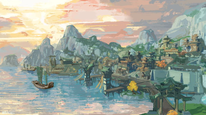 Genshin Impact Scenery: Coastal City with Mountains