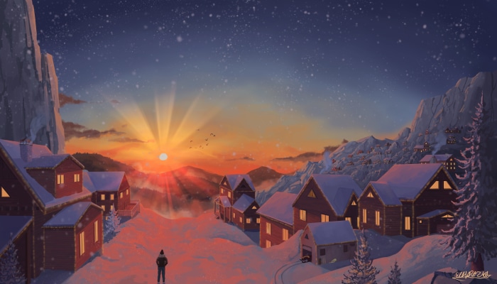Cozy snowy village at sunrise by Elchaart