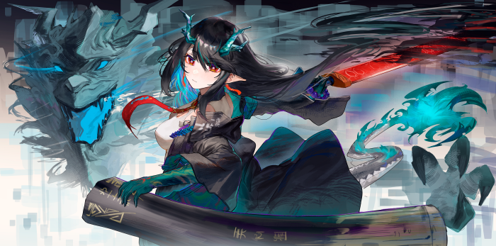 Dusk from Arknights with a dragon