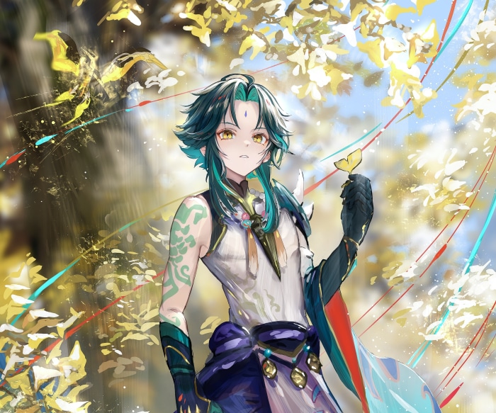 Xiao from Genshin Impact holding a leaf