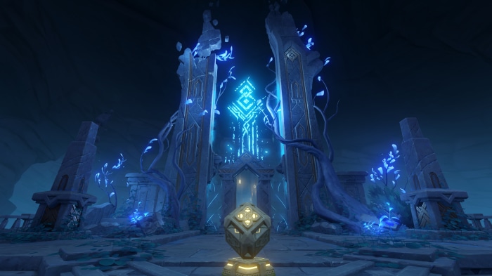 Enkanomiya ruins with glowing blue plants and a puzzle cube