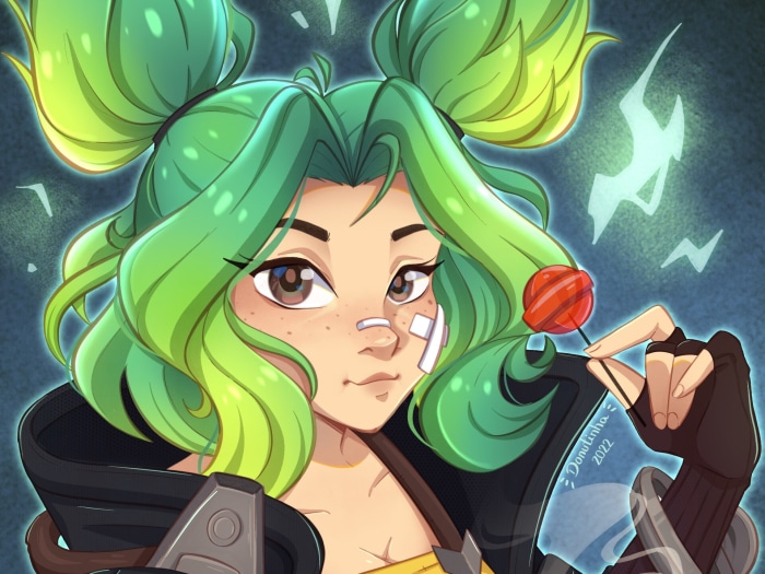 Zeri from League of Legends with a lollipop