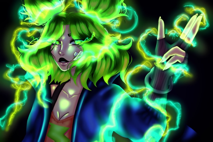 Zeri from League of Legends with green lightning
