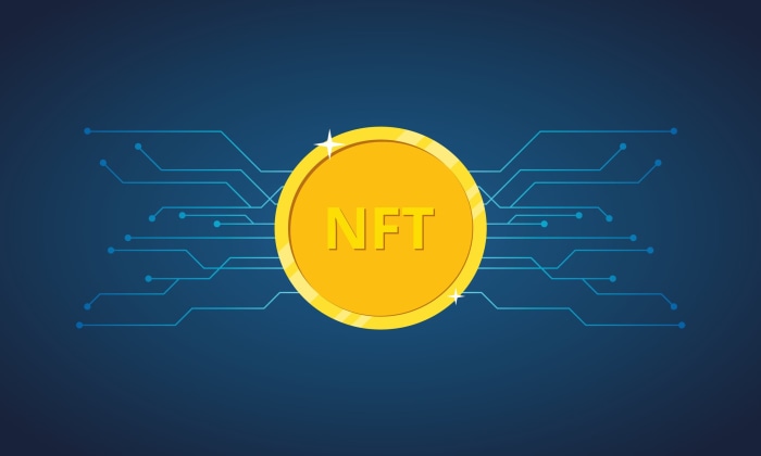 NFT coin on digital circuit background