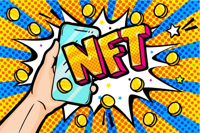 NFT graphic with smartphone and coins