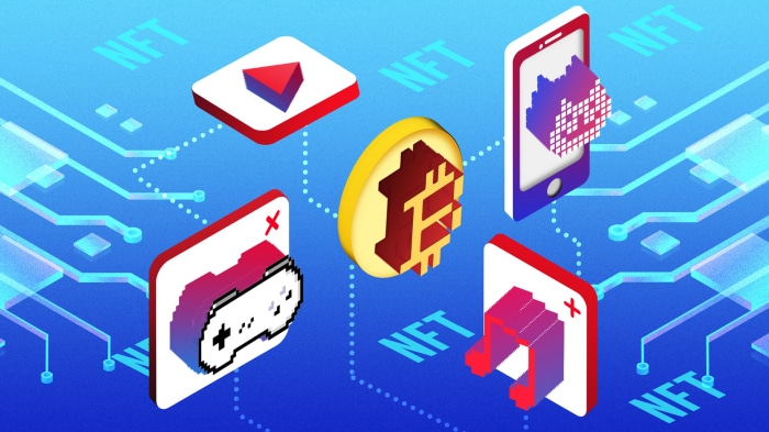 NFTs, Bitcoin, Gaming, Music, and Video Icons