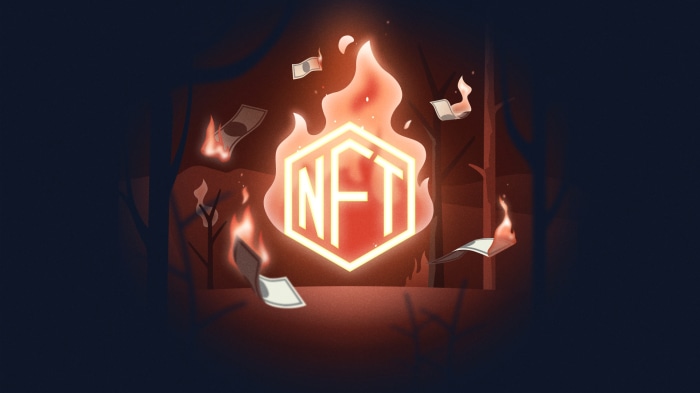 NFT logo on fire with burning money