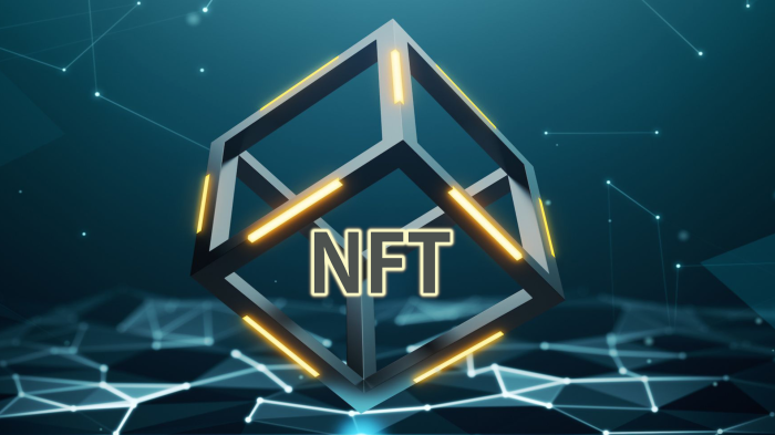 NFT cube with glowing lights and network background