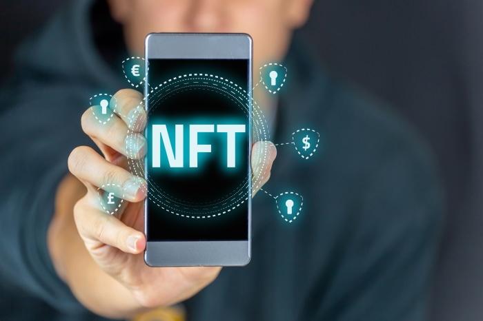 NFT concept with currency symbols and lock icons