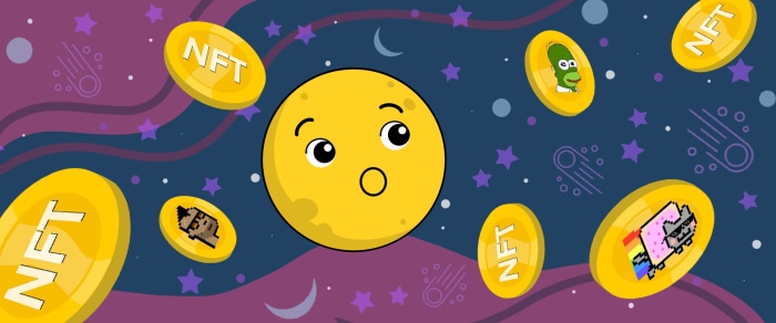 NFT coins with memes and a surprised moon