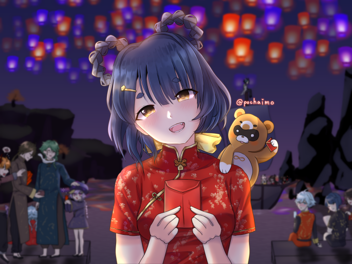 Xiangling from Genshin Impact with a Guoba and lanterns