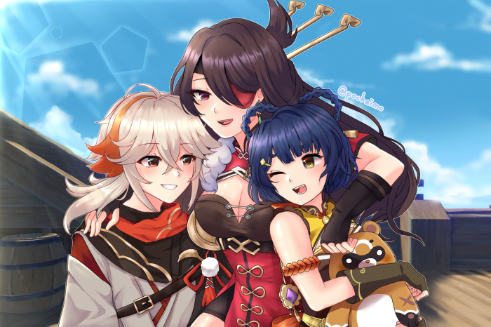 Beidou, Kaedehara Kazuha, and Xiangling from Genshin Impact