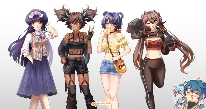 Genshin Impact characters Hu Tao, Xingqiu, Xiangling, and Xinyan