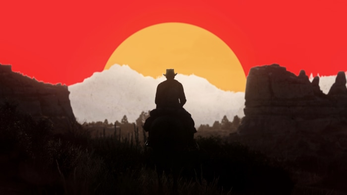 Arthur Morgan from Red Dead Redemption 2 on a horse at sunset