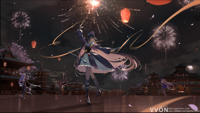 Genshin Impact characters celebrating with fireworks