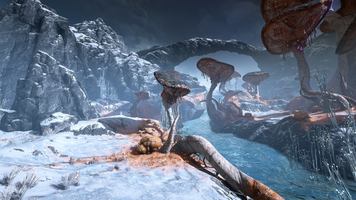 Warframe landscape with alien flora and snowy mountains