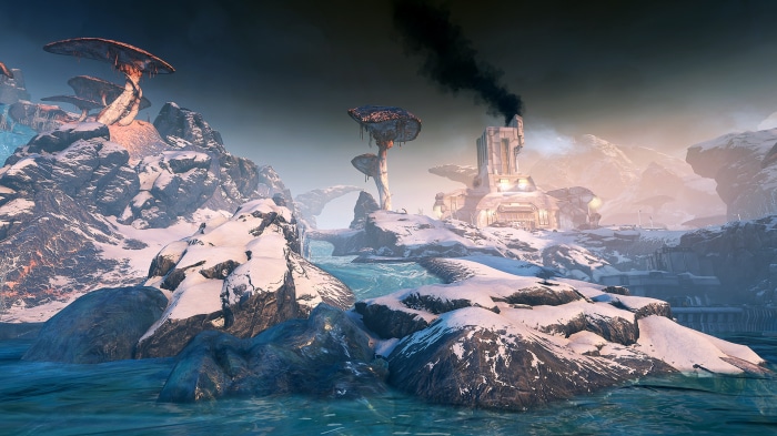 Warframe snowy landscape with alien flora and industrial building