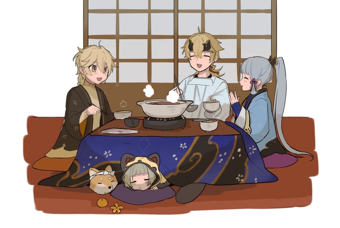 Aether, Thoma, and Ayaka from Genshin Impact enjoying hot pot