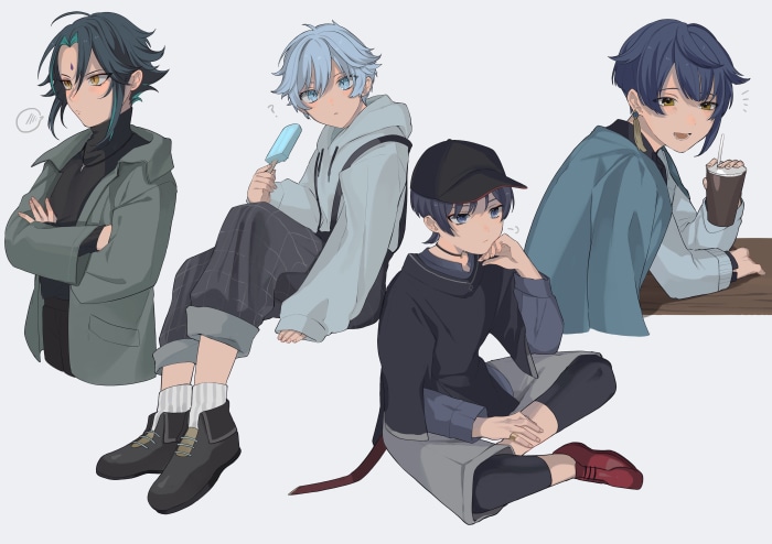 Xiao, Xingqiu, Chongyun, and Scaramouche from Genshin Impact