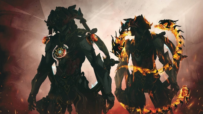 Two Warframe characters with fiery accents