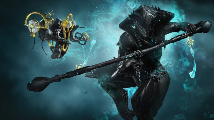 Warframe character with staff and companion
