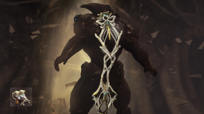 Warframe character with ornate back attachment