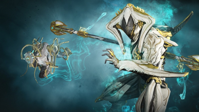 Warframe character with staff and orb