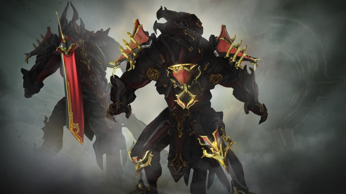 Warframe characters with red and gold armor
