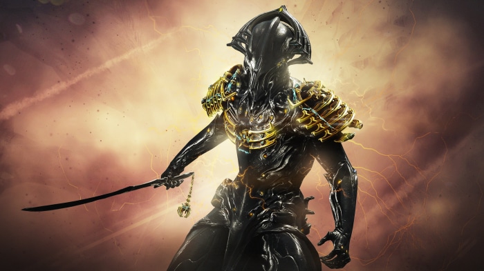 Warframe character with sword and armor