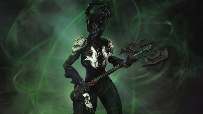 Warframe character holding an axe with green energy