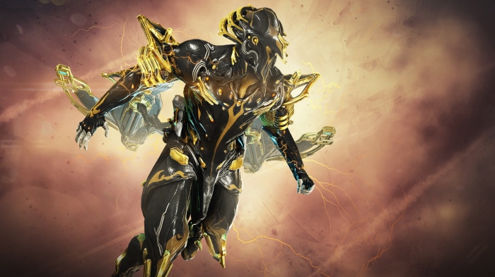 Warframe character with gold and black armor