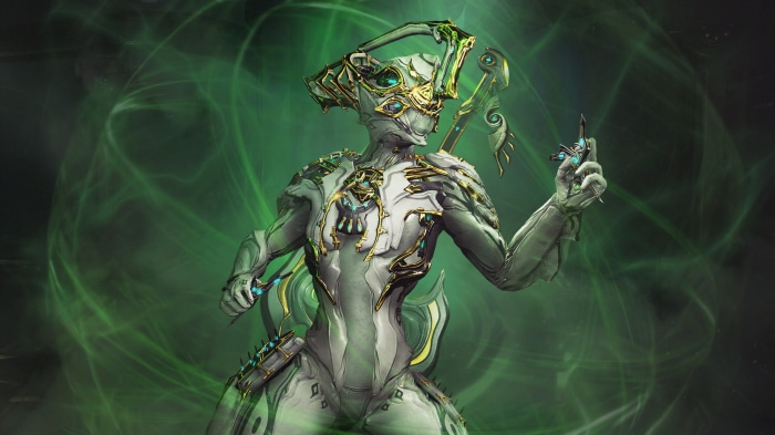 Warframe character with green energy