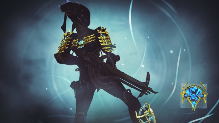 Warframe character with ornate armor and weapon