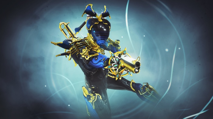 Warframe character with golden accents and a gun
