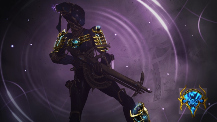 Warframe character with golden armor and crossbow