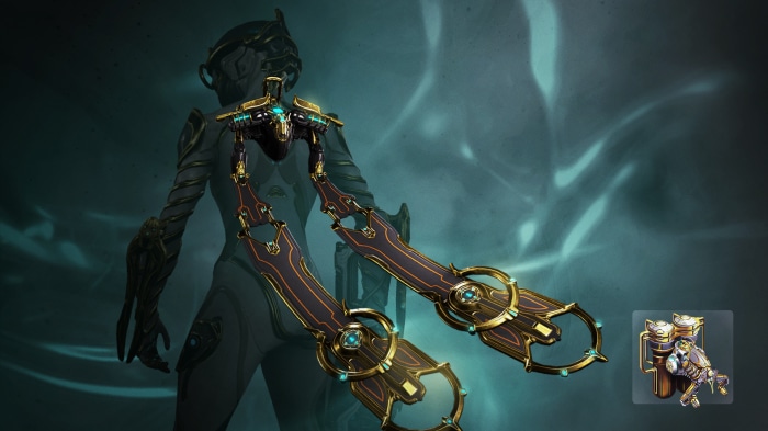 Warframe character with dual weapons