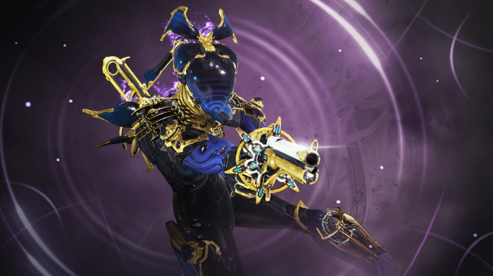 Warframe character with golden accents and gun