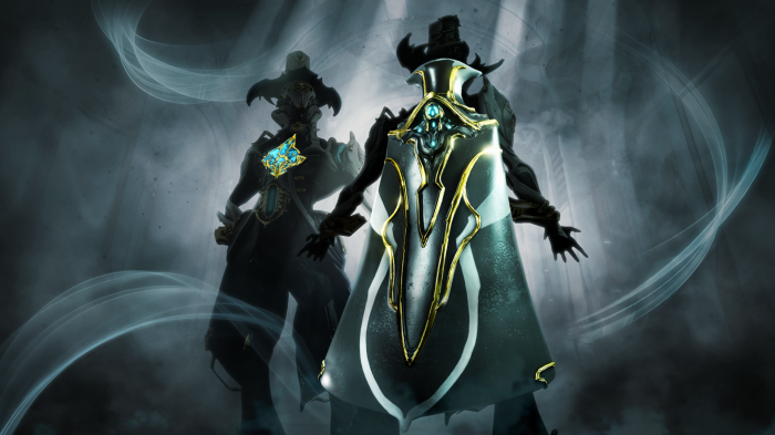 Two Warframe characters with glowing accents
