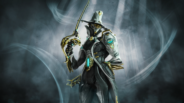 Warframe character holding a sword