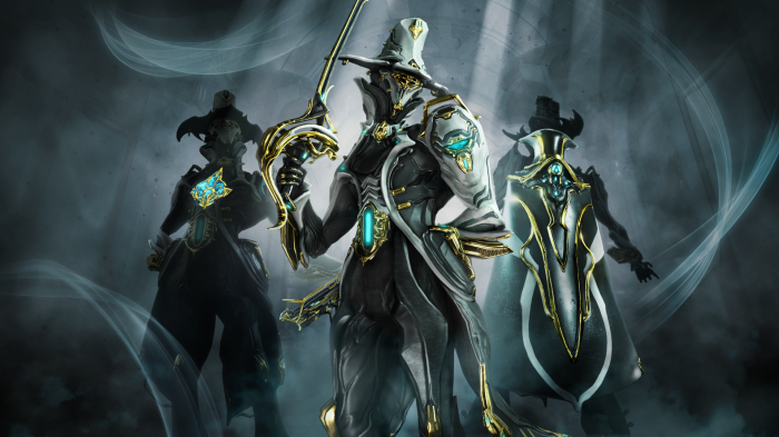 Warframe characters with swords and shields