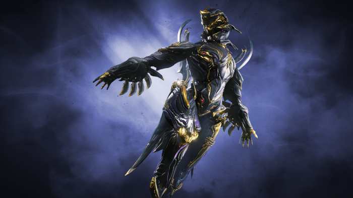Warframe character in dark armor with gold accents