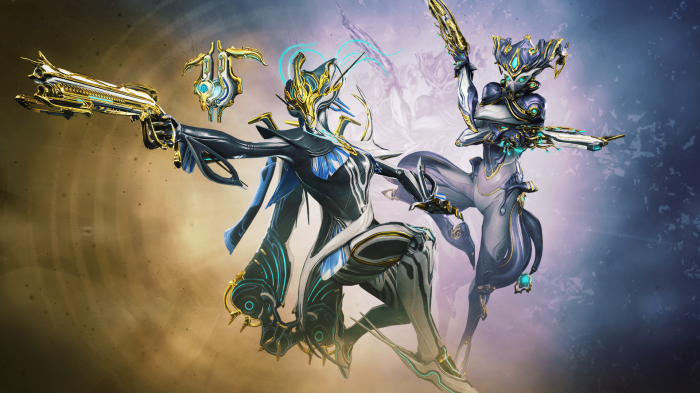Warframe characters with golden weapons