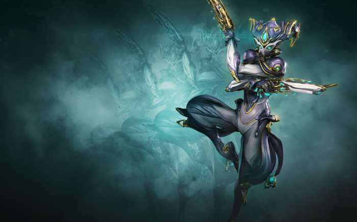 Warframe character with guns