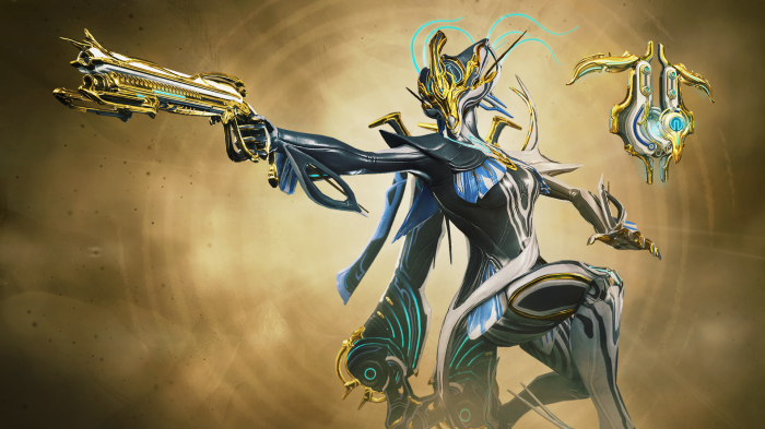 Warframe character with golden weapon and accessory