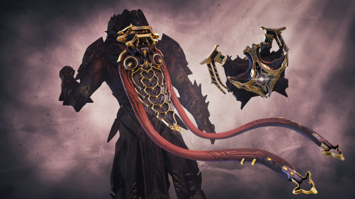 Warframe character with ornate armor and accessories