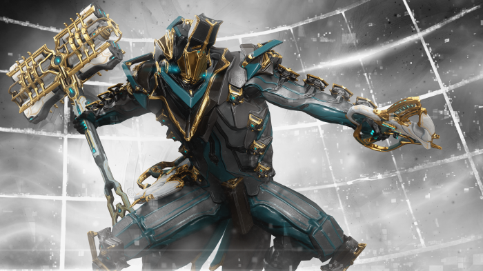 Warframe character with hammer and gun