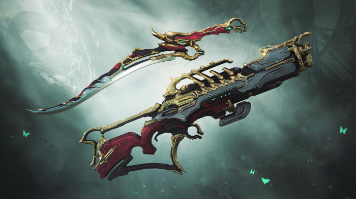Warframe weapons with red and gold accents