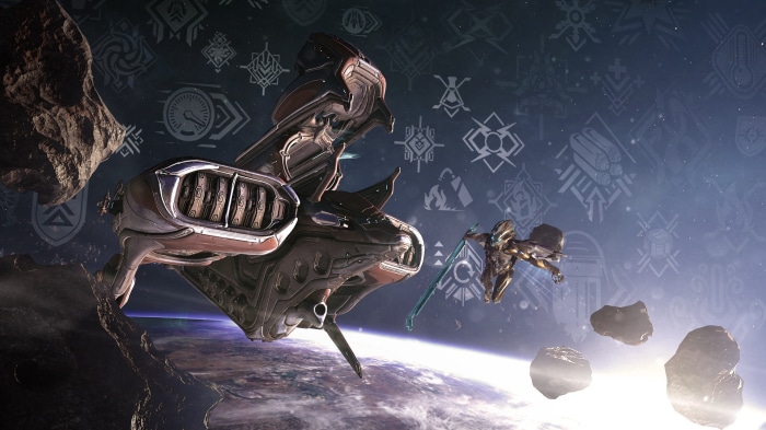 Warframe spaceship and Tenno in orbit