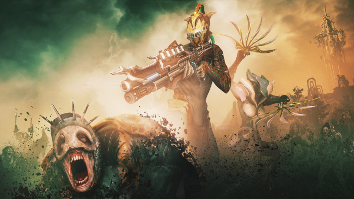 Warframe characters with weapons and monstrous figures