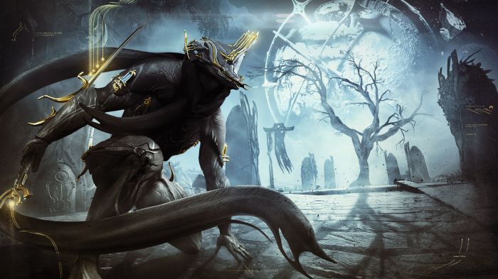 Warframe character with golden accents in a desolate landscape